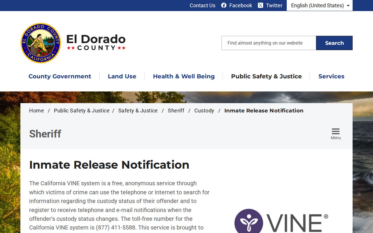 El Dorado County 24-hour release notification page for jail custody changes