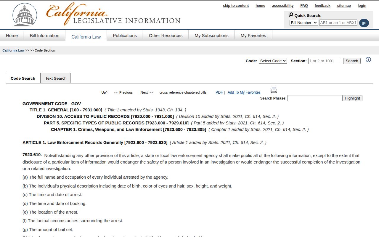 California public arrest information law for El Dorado County 24-hour release records