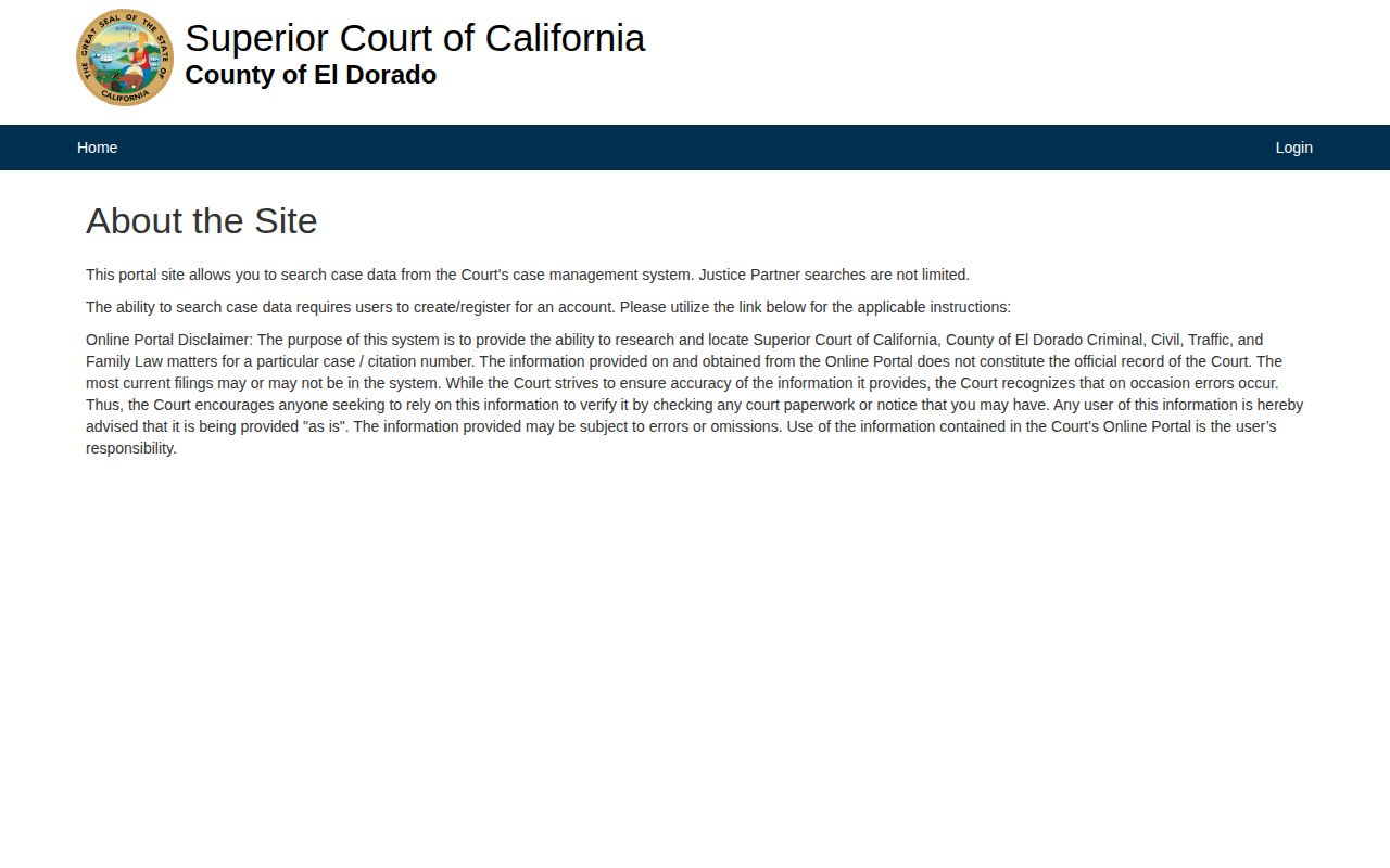 El Dorado County 72-hour release court portal about page for case checks